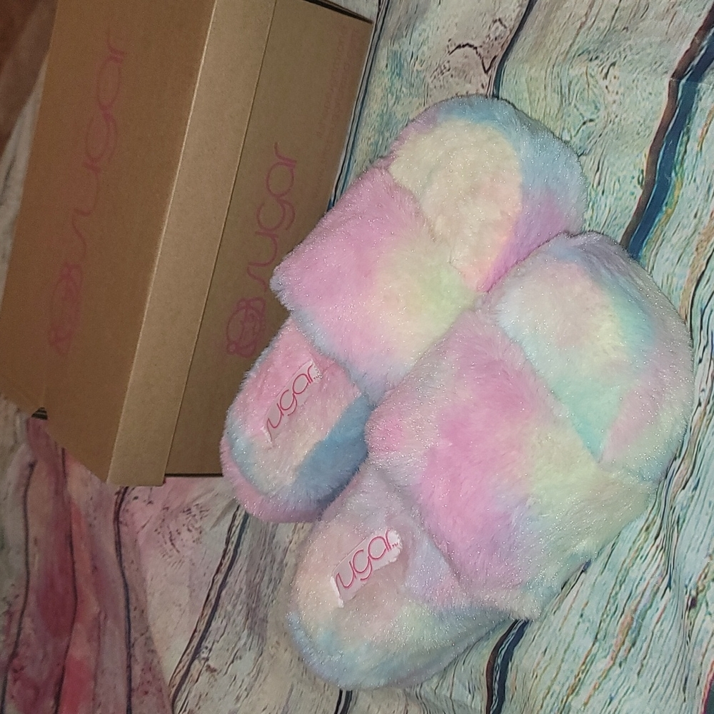 Sugar New tie dye furry slides